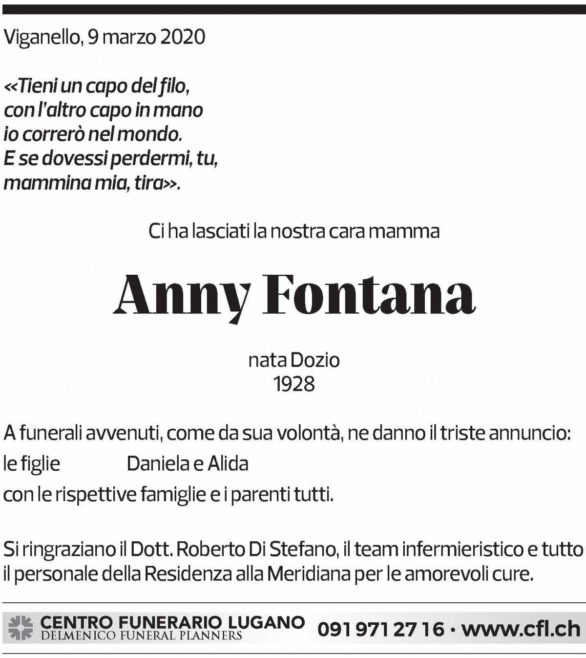 Annuncio funebre Anny Fontana
