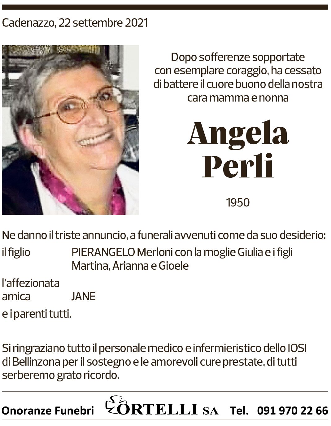 Annuncio funebre Angela Perli