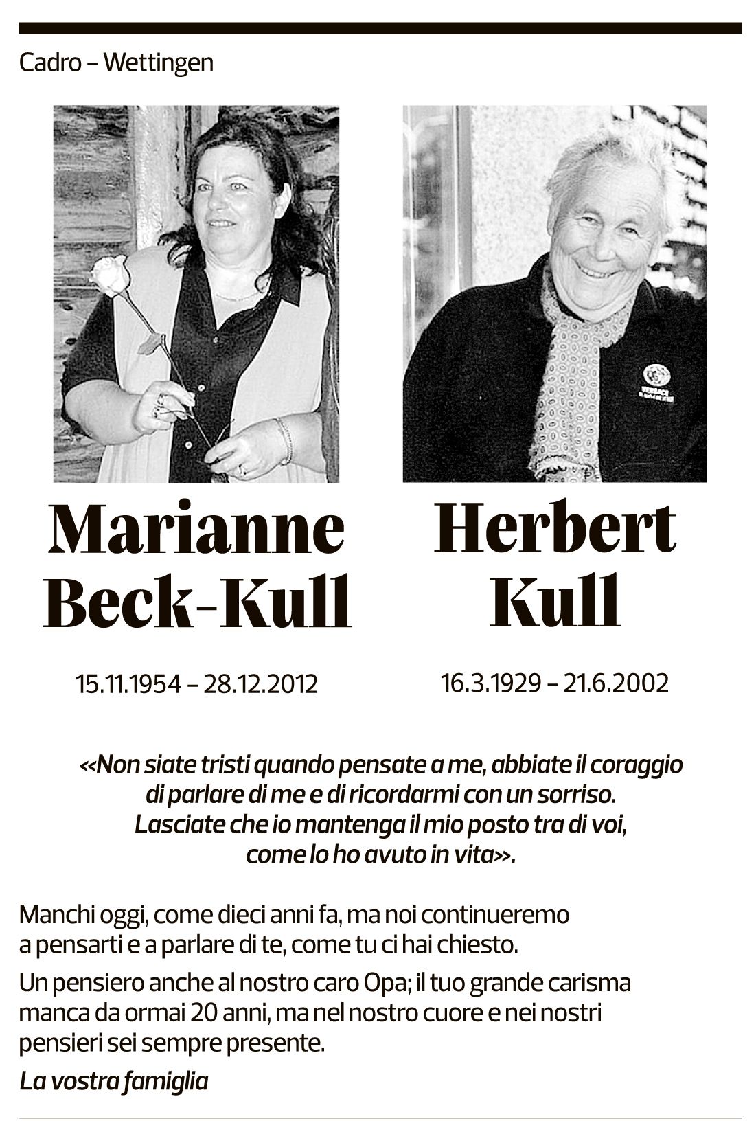 Annuncio funebre Marianne Beck-kull Herbert Kull