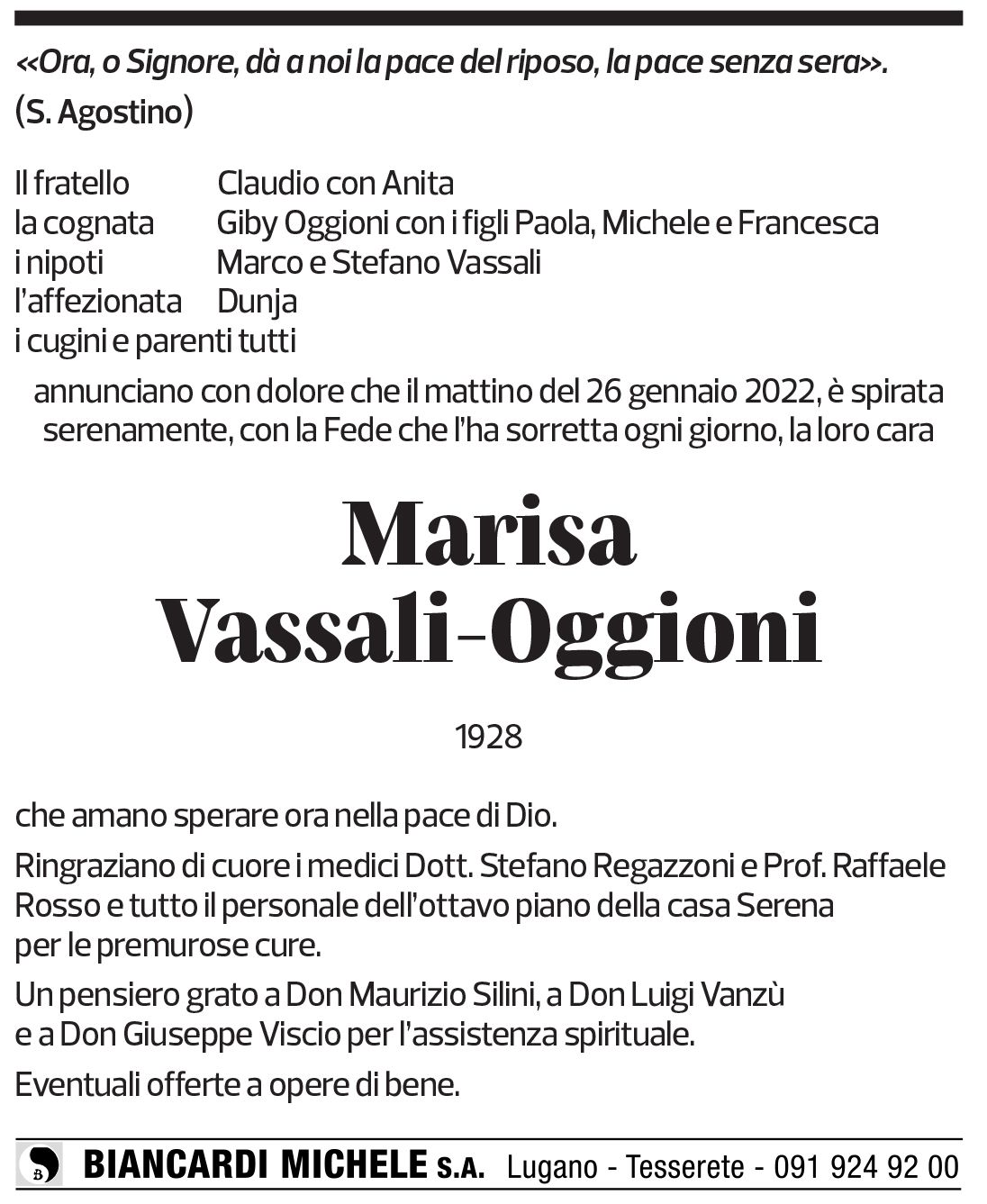 Annuncio funebre Marisa Vassali-oggioni