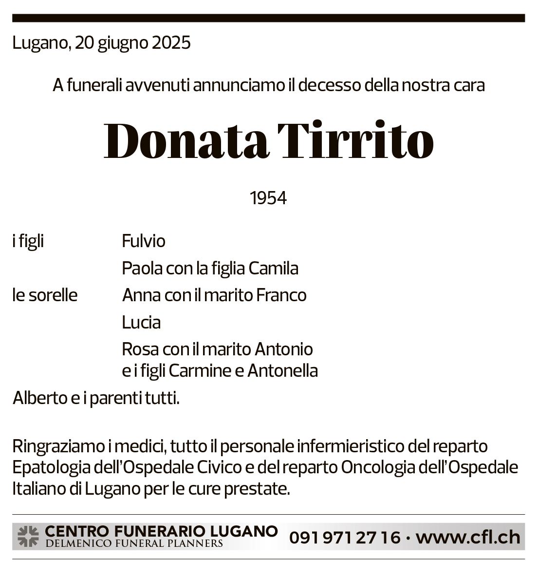 Annuncio funebre Donata Tirrito