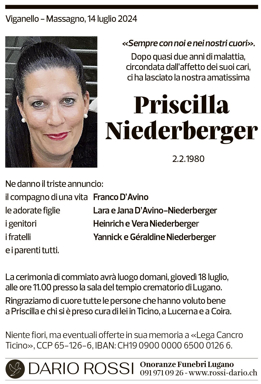 Annuncio funebre Priscilla Niederberger