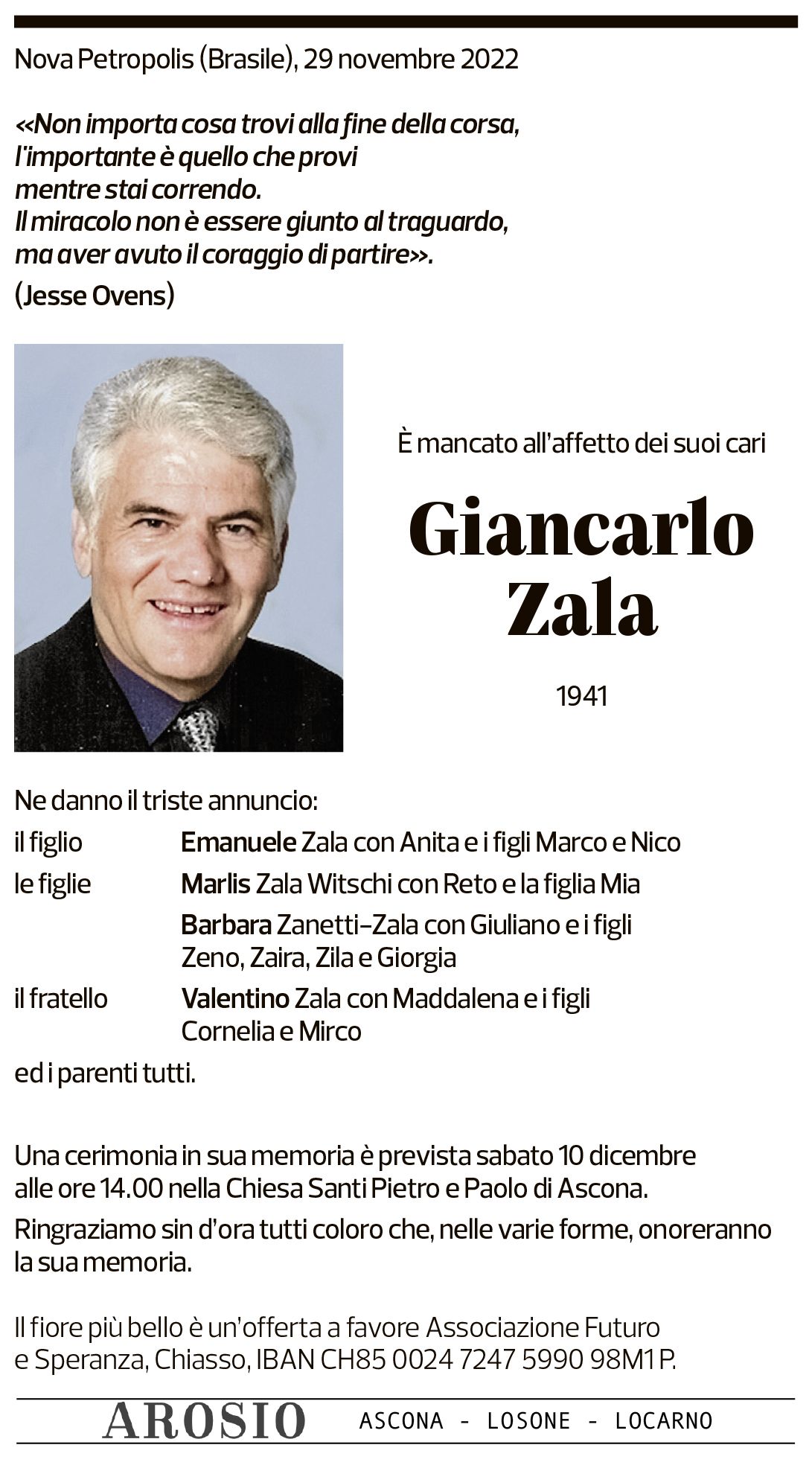 Annuncio funebre Giancarlo Zala