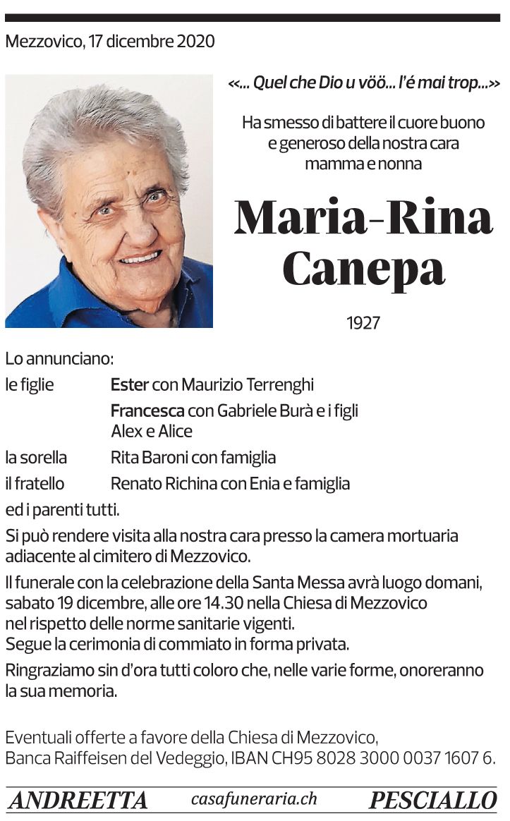 Annuncio funebre Maria-rina Canepa