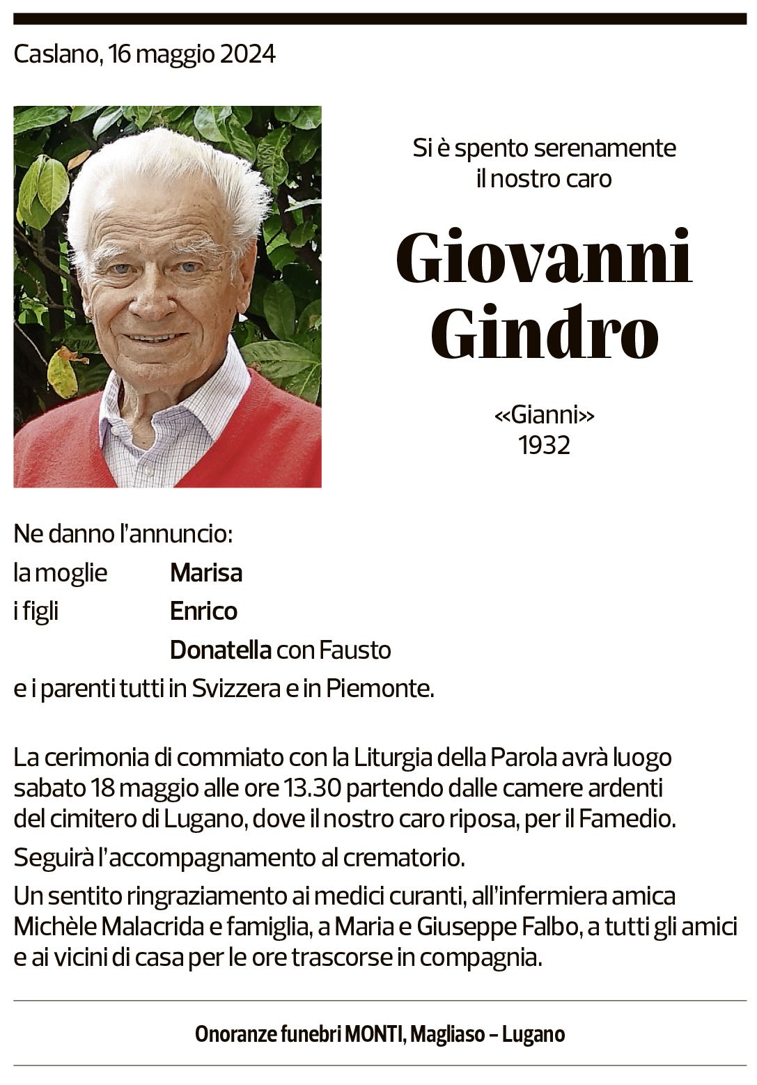 Annuncio funebre Giovanni Gindro