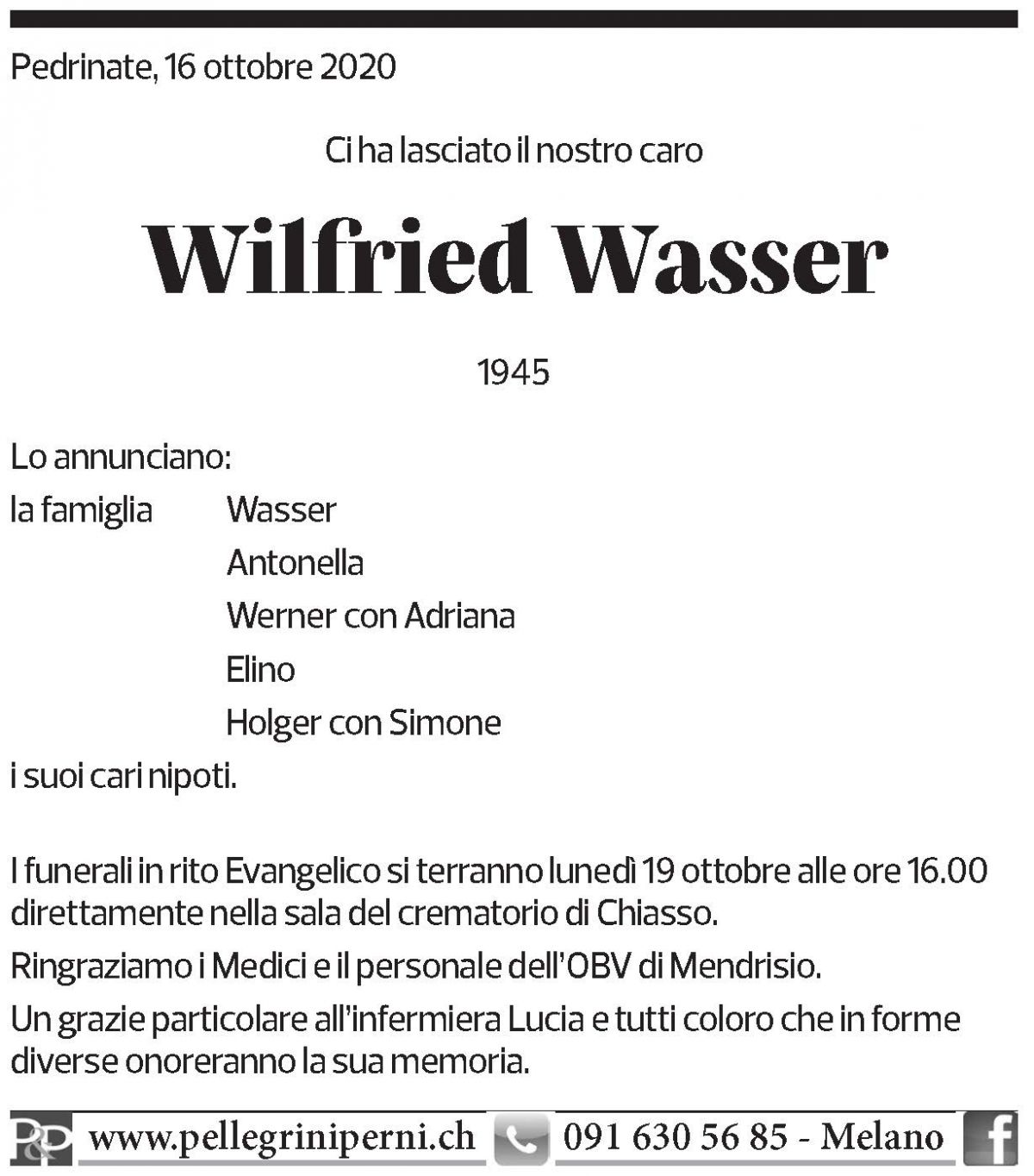 Annuncio funebre Wilfred Wasser