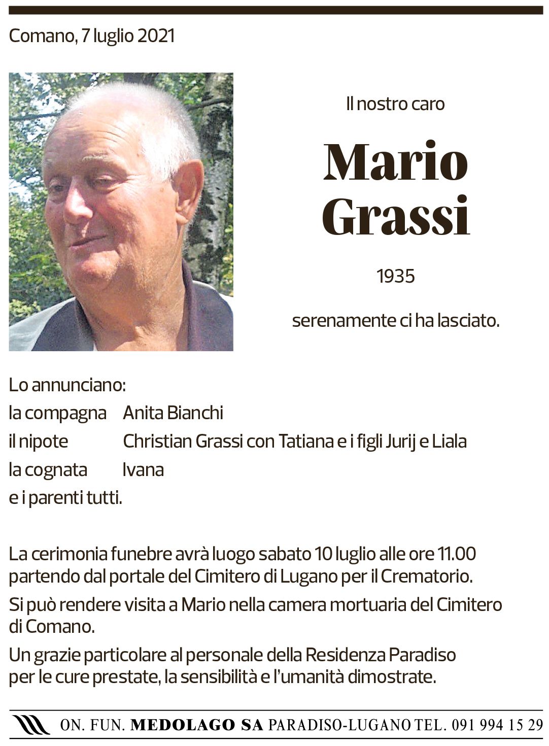 Annuncio funebre Mario Grassi