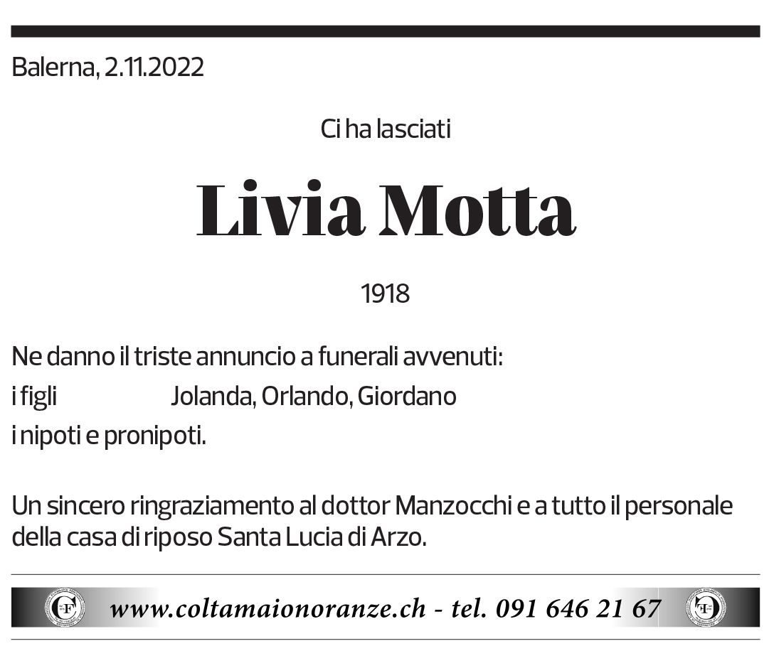 Annuncio funebre Livia Motta