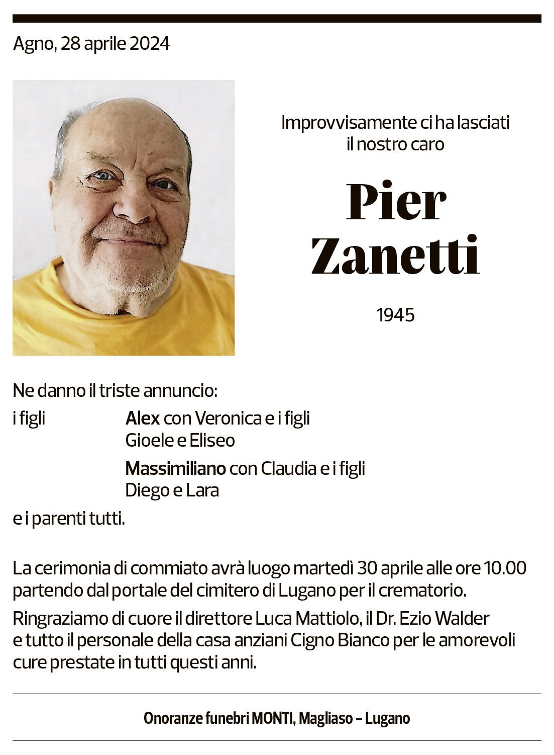 Annuncio funebre Pier Zanetti