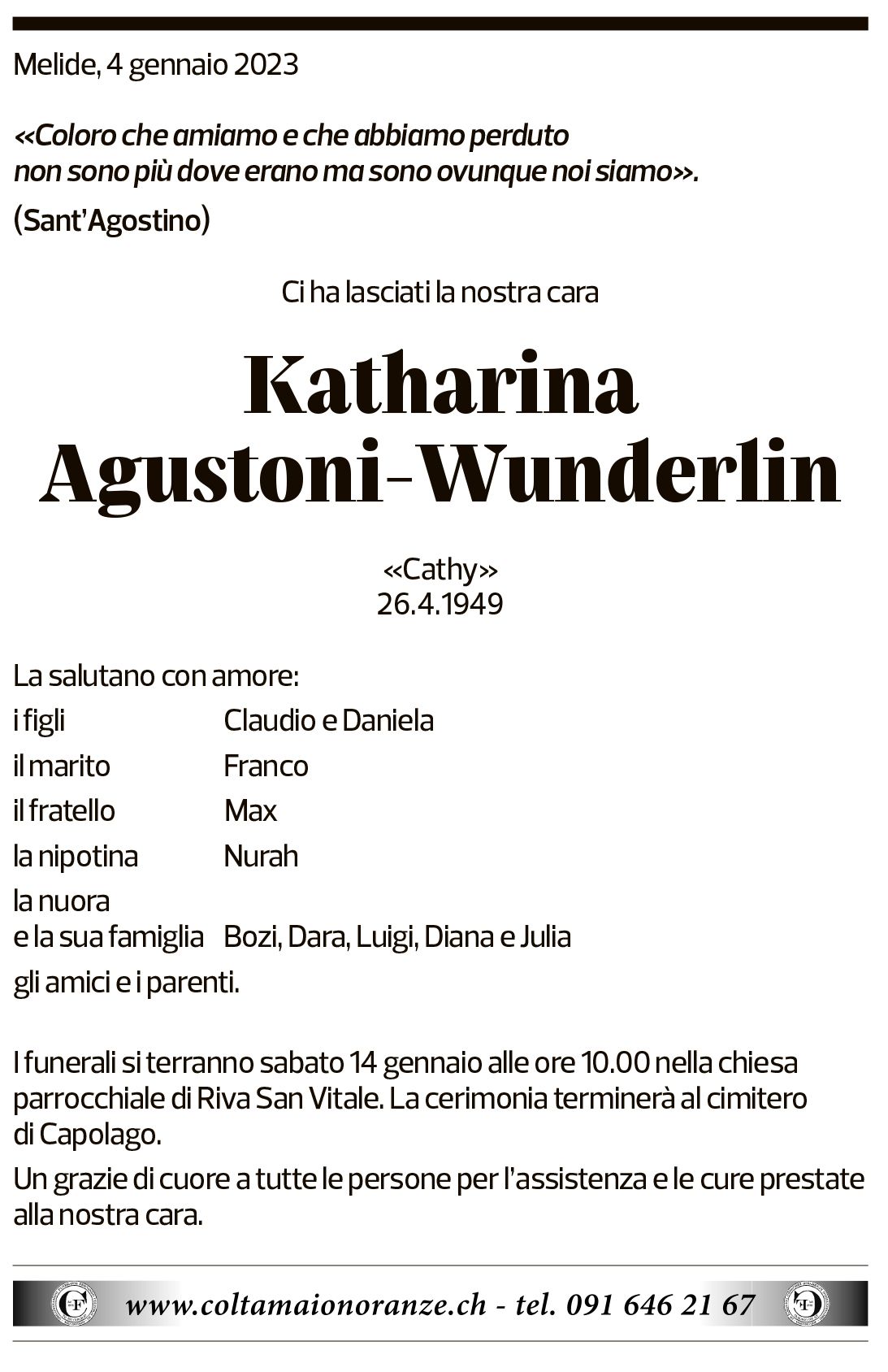 Annuncio funebre Katharina Agustoni-wunderlin