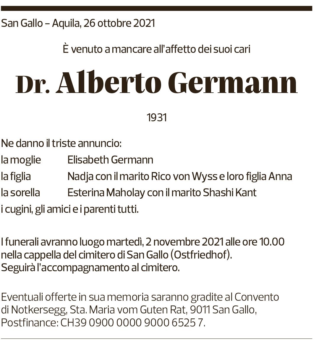 Annuncio funebre Alberto Germann