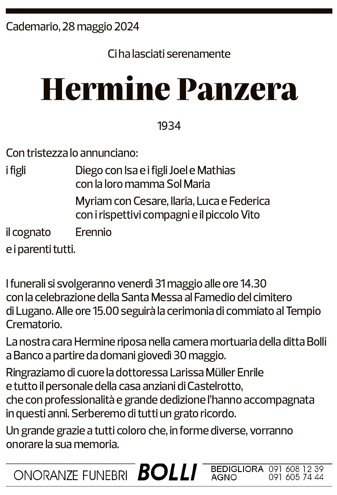 Annuncio funebre Hermine Panzera