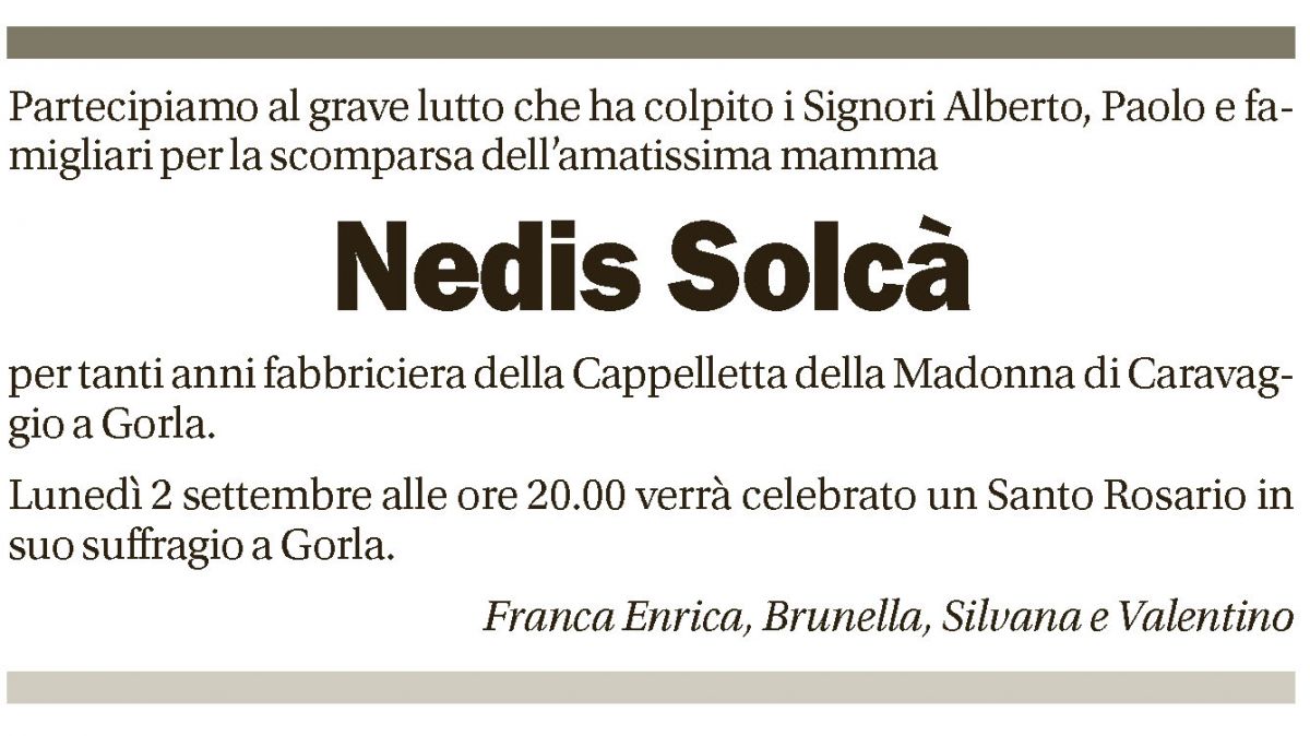 Annuncio funebre Nedis Solcà