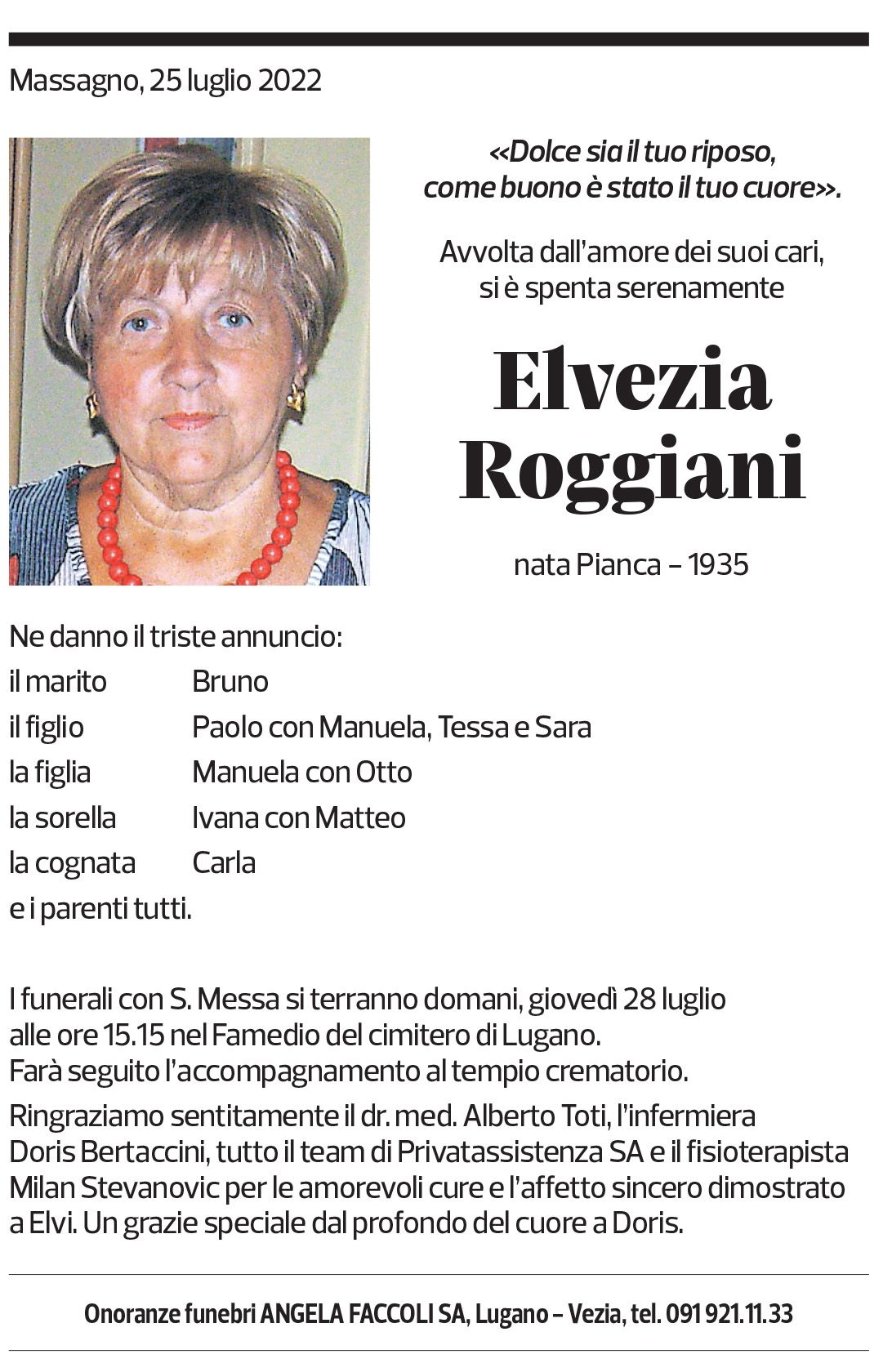 Annuncio funebre Elvezia Roggiani