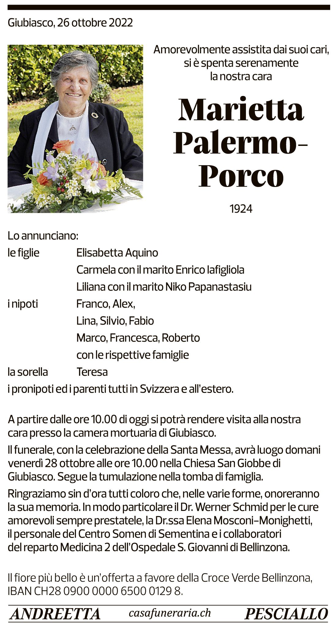 Annuncio funebre Marietta Palermo-porco