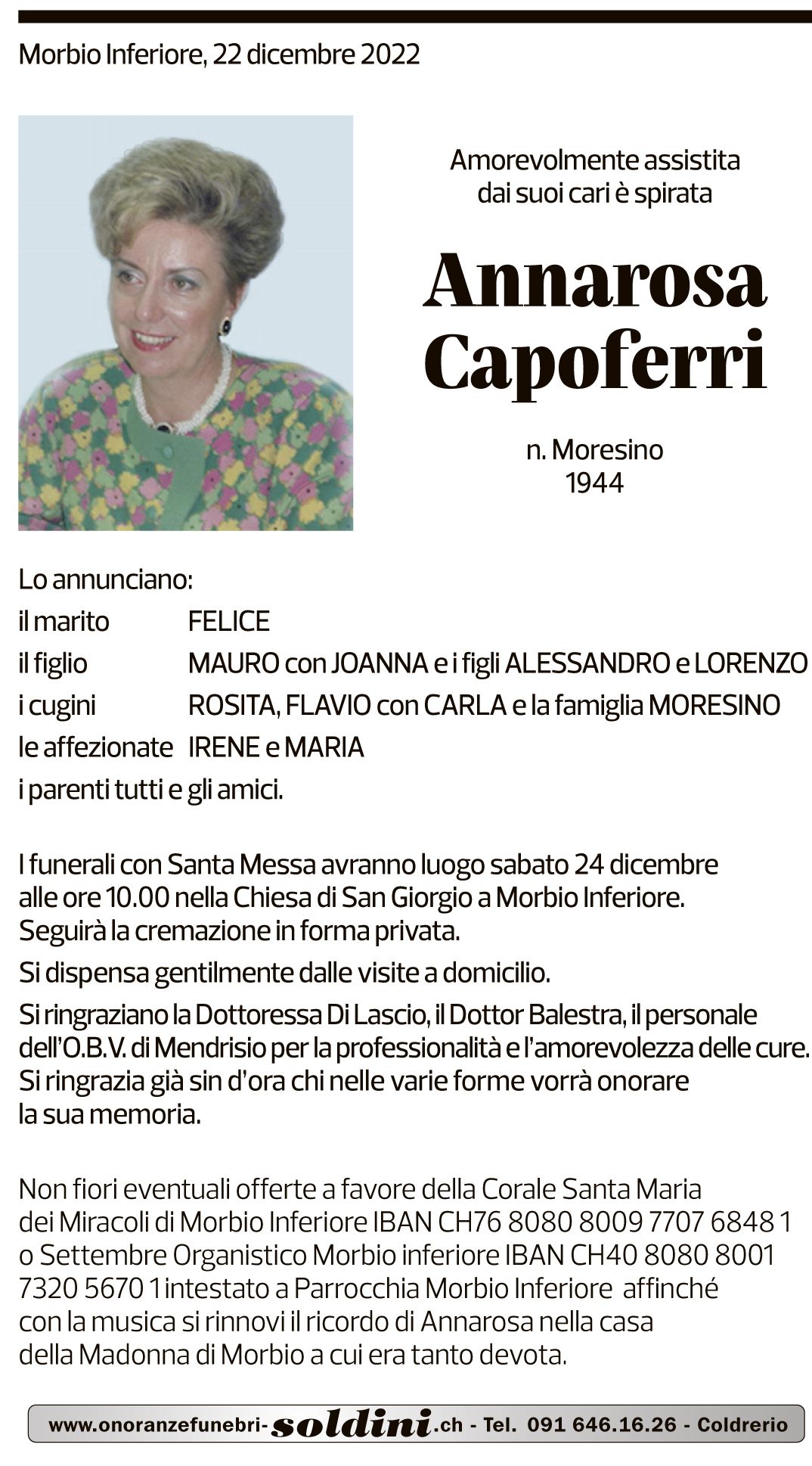 Annuncio funebre Annarosa Capoferri