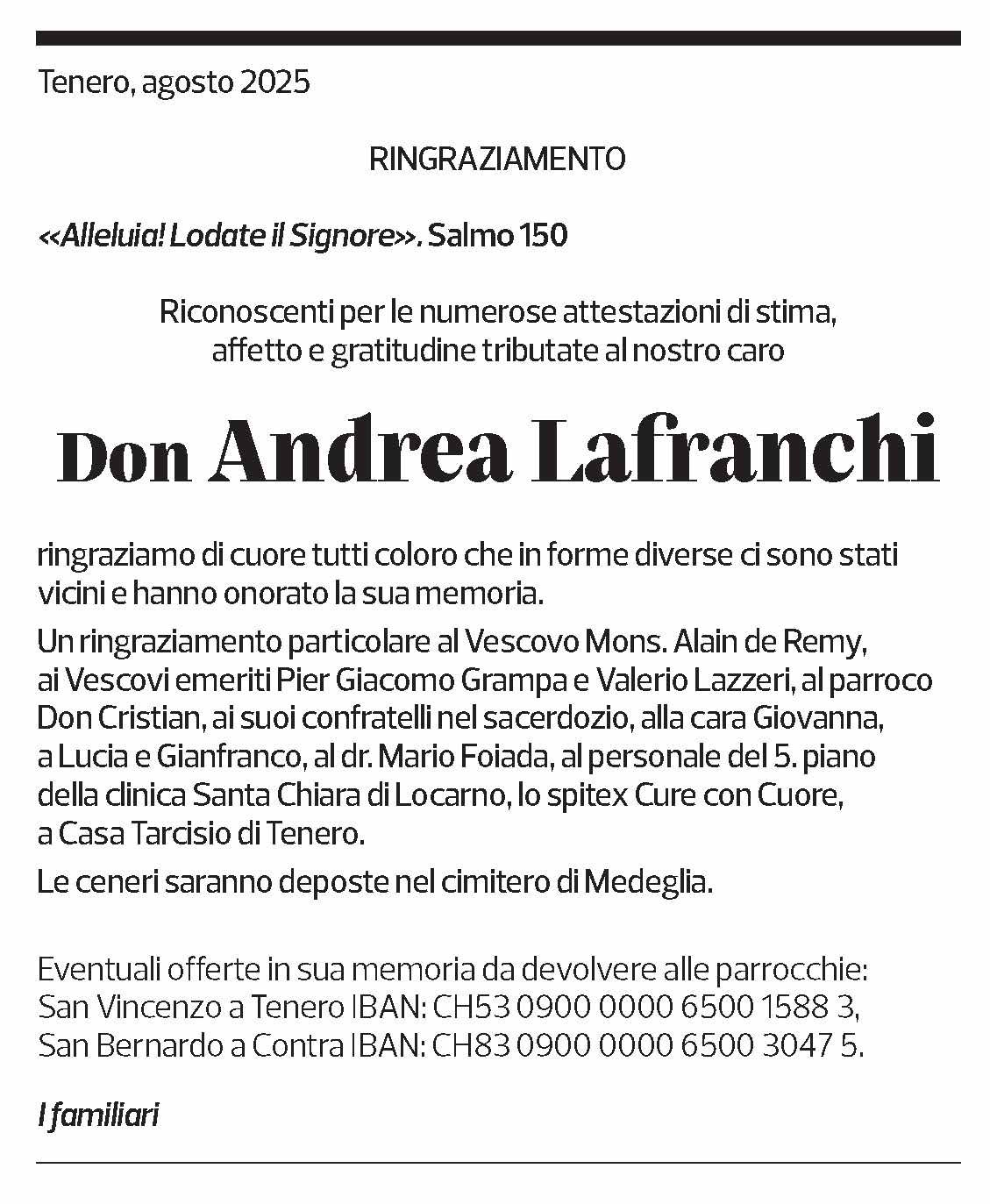Annuncio funebre Don Andrea Lafranchi