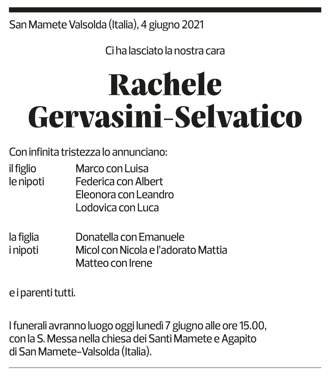 Annuncio funebre Rachele Gervasini-selvatico