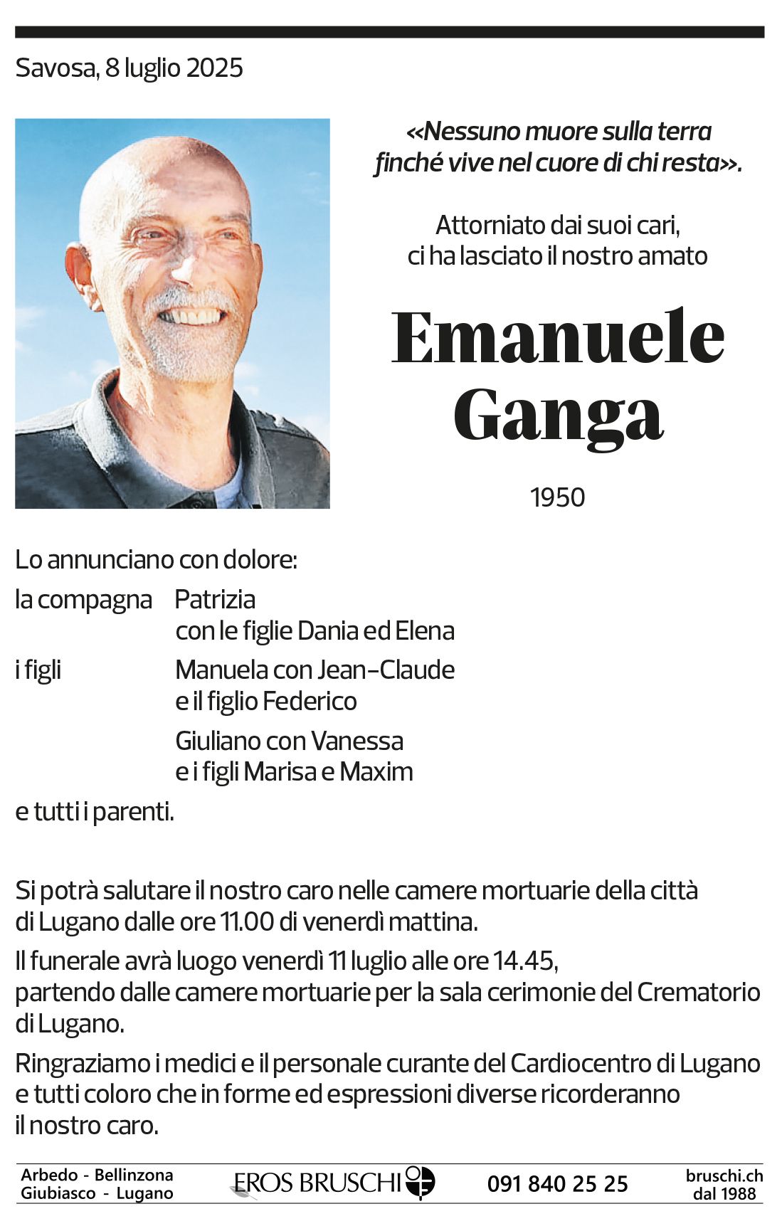Annuncio funebre Emanuele Ganga