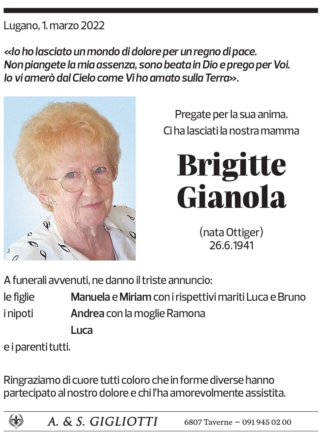 Annuncio funebre Brigitte Gianola