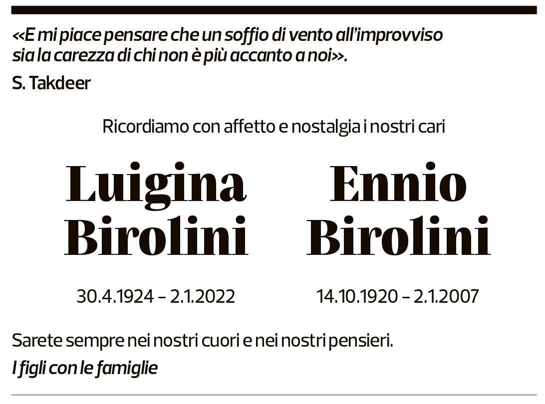 Annuncio funebre Luigina Ed Ennio Birolini