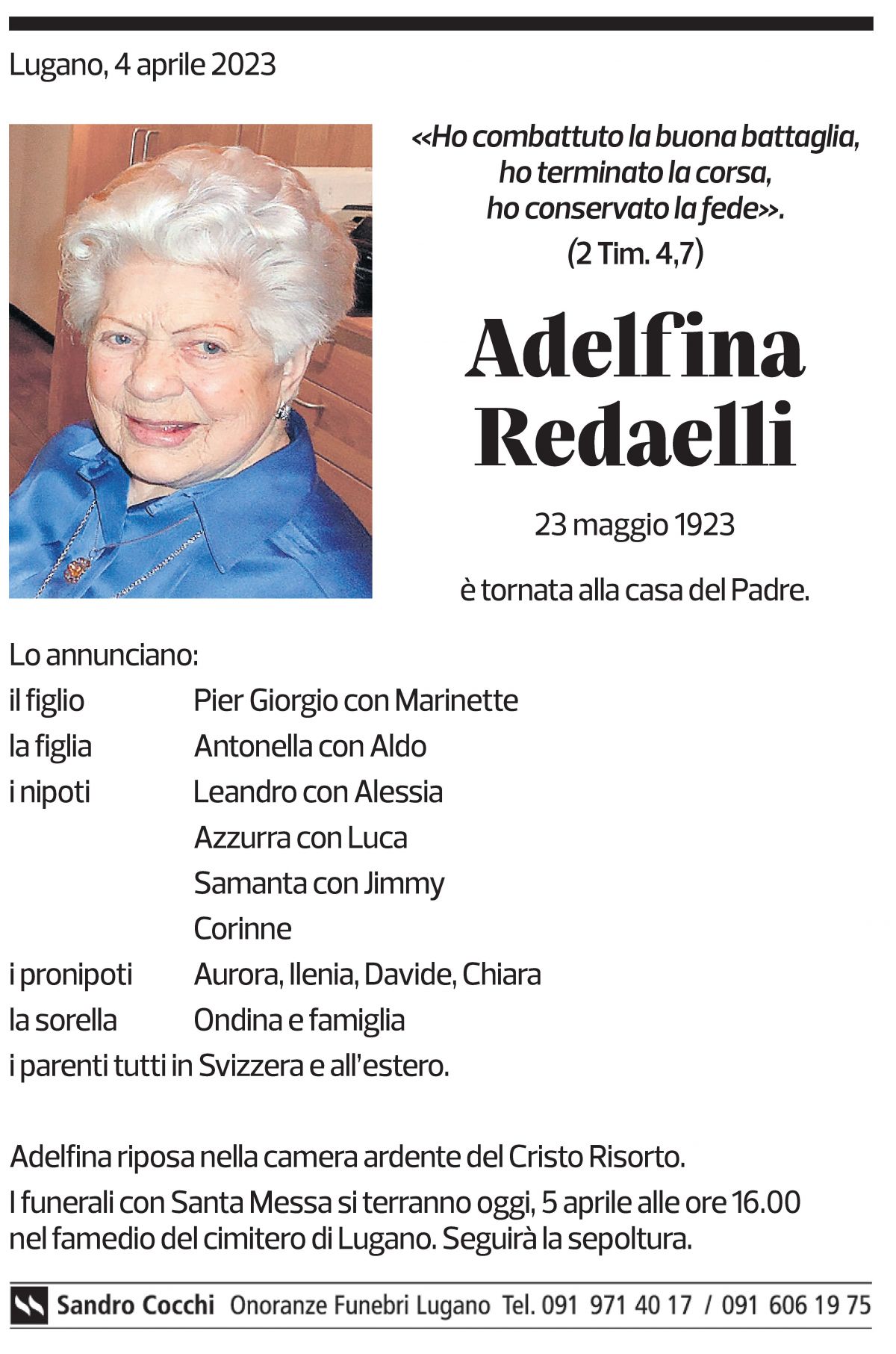 Annuncio funebre Adelfina Redaelli