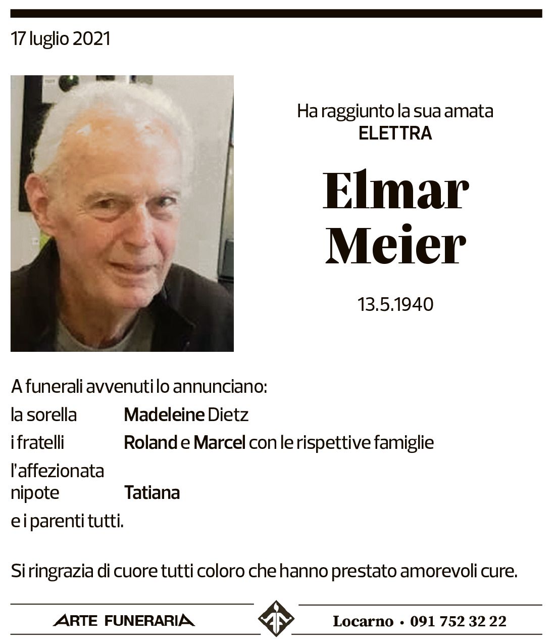 Annuncio funebre Elmar Meier