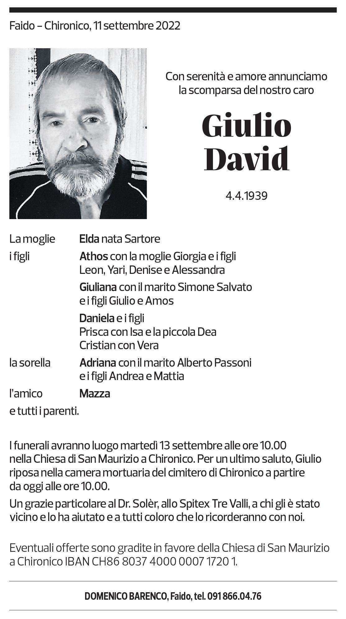 Annuncio funebre Giulio David