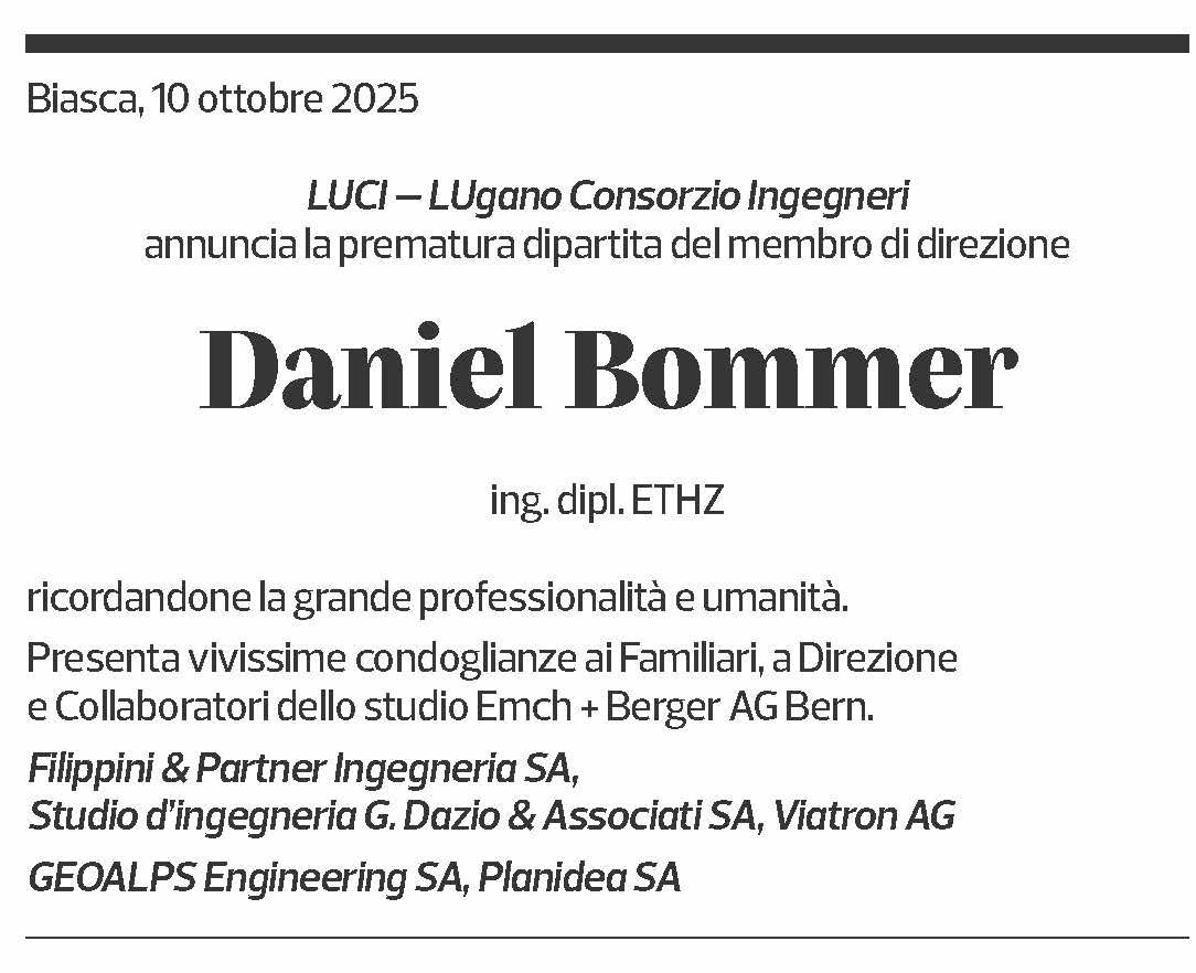 Annuncio funebre Daniel Bommer