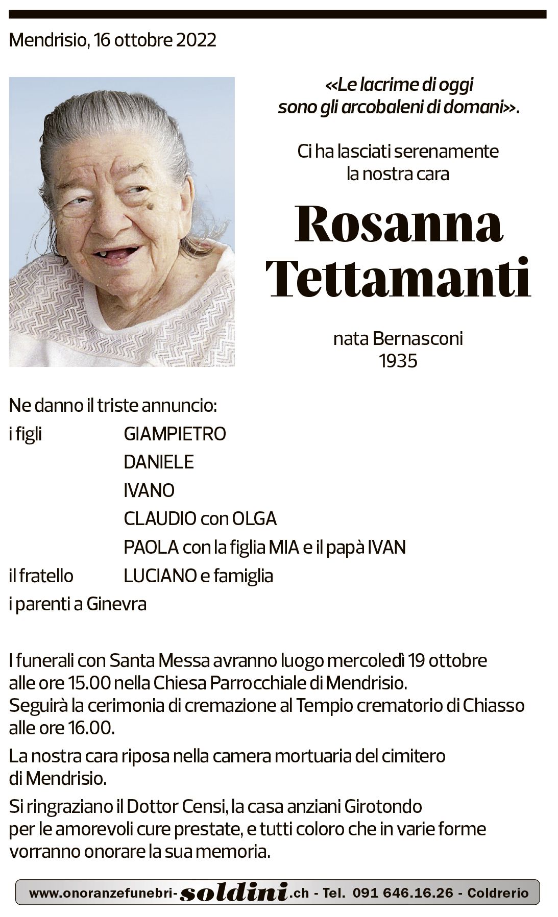 Annuncio funebre Rosanna Tettamanti