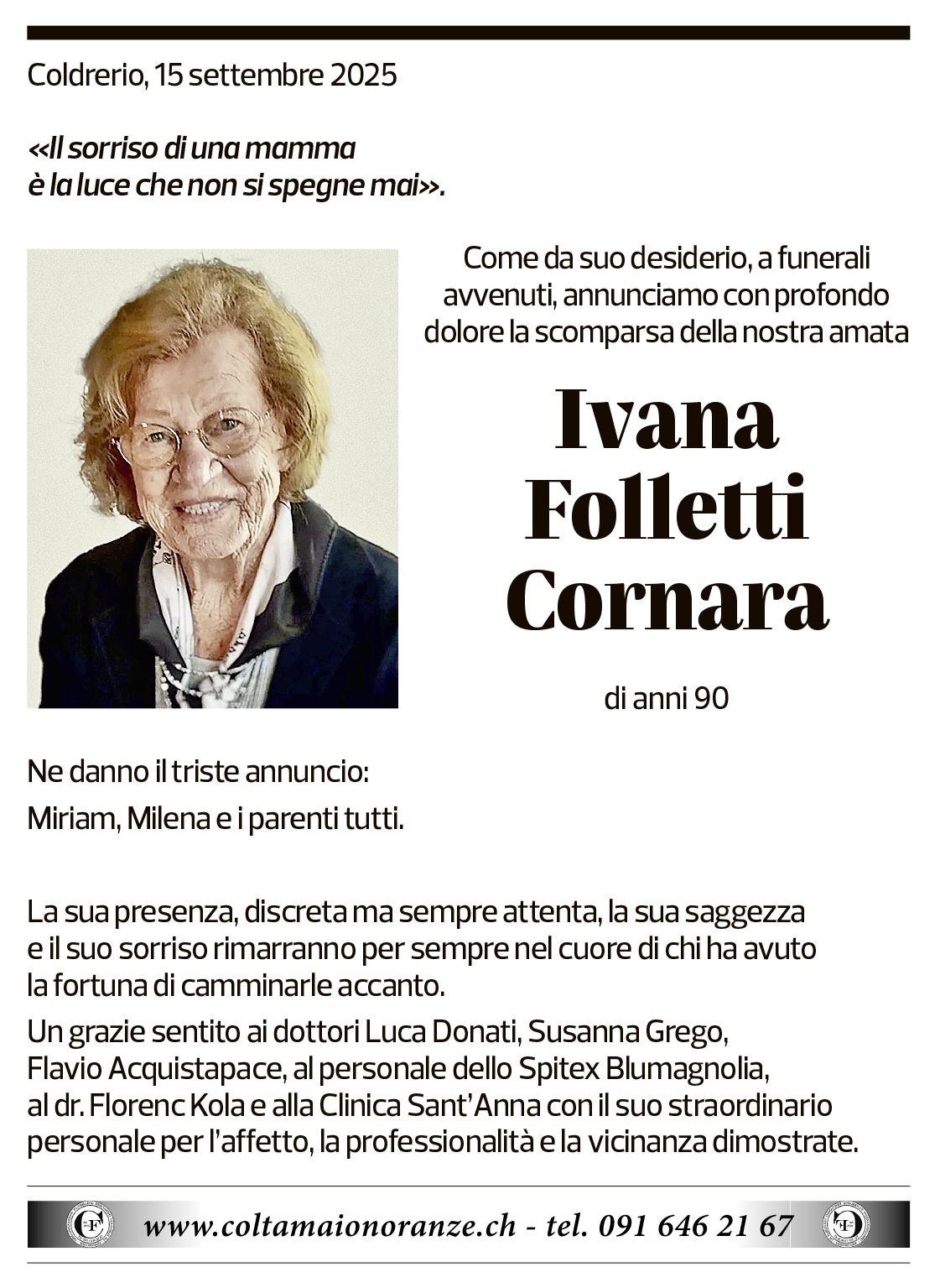 Annuncio funebre Ivana Folletti Cornara