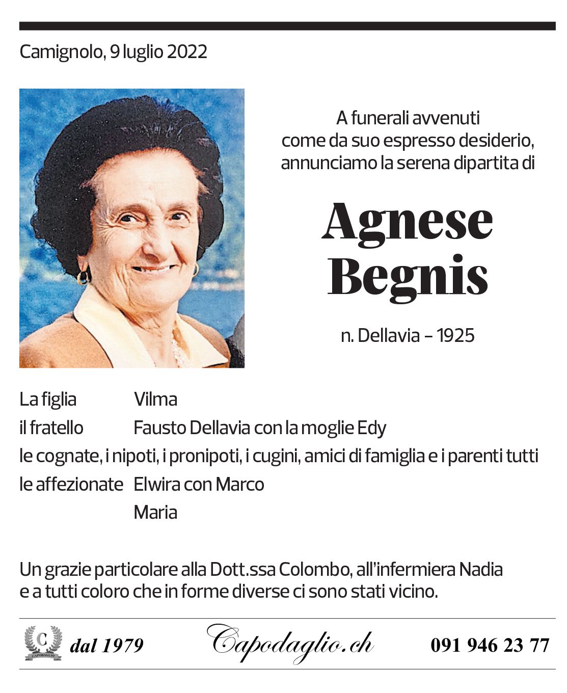 Annuncio funebre Agnese Begnis