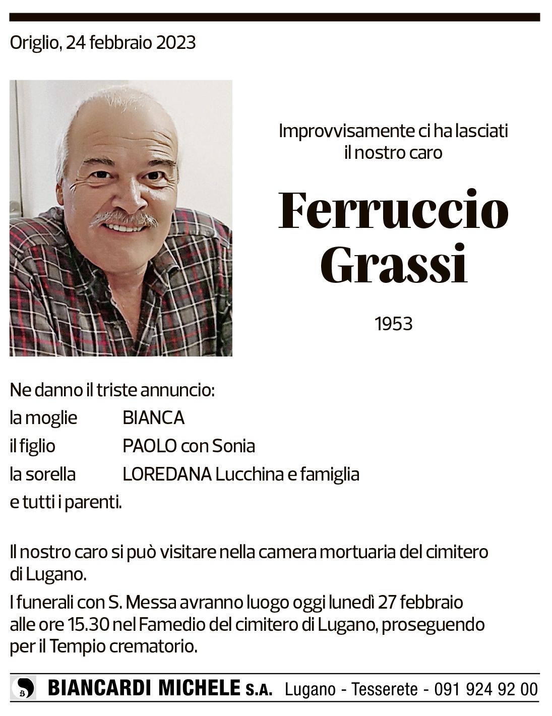 Annuncio funebre Ferruccio Grassi