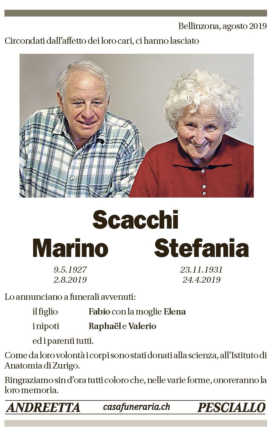 Annuncio funebre Sacchi Marino E Stefania