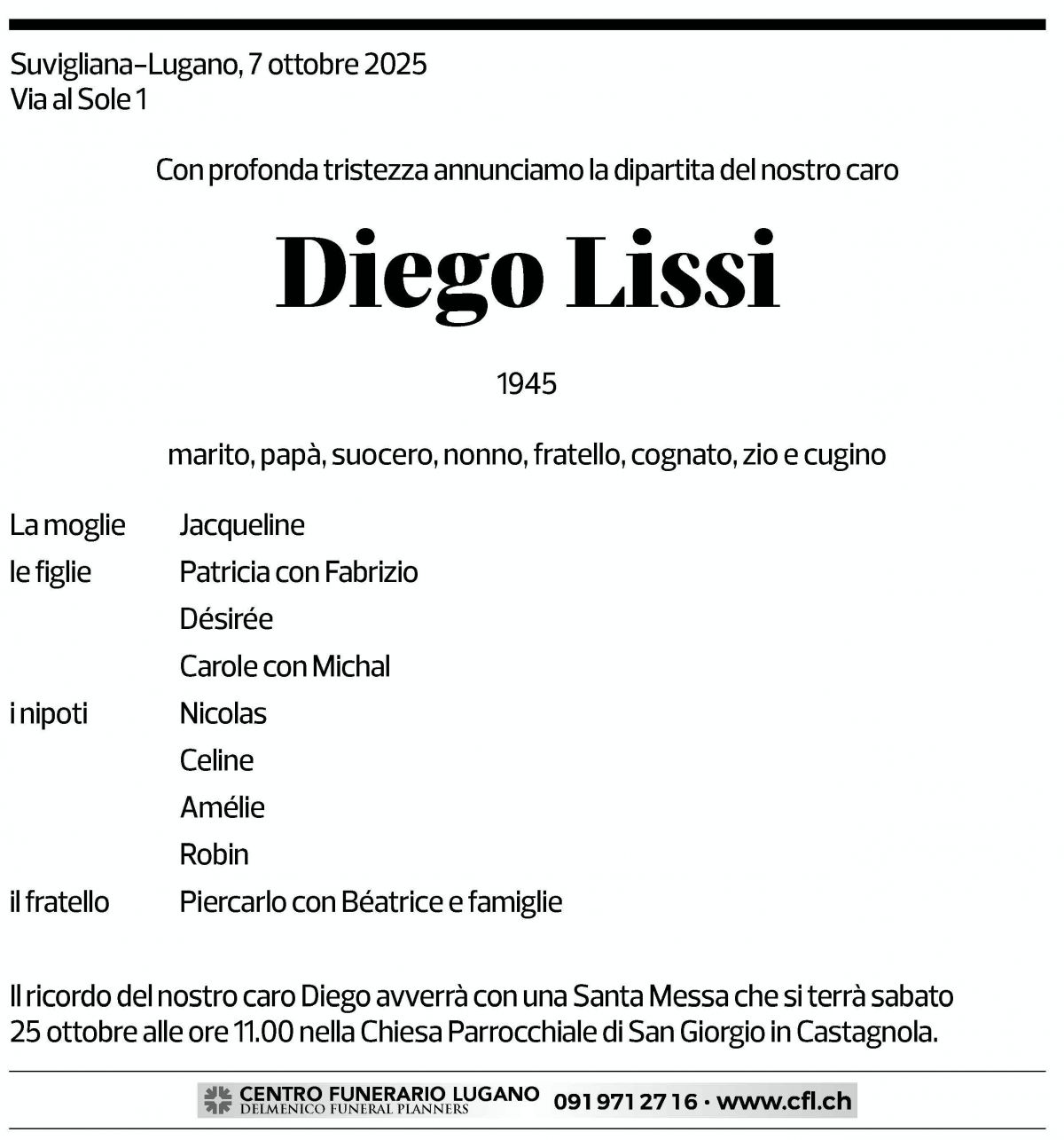 Annuncio funebre Diego Lissi