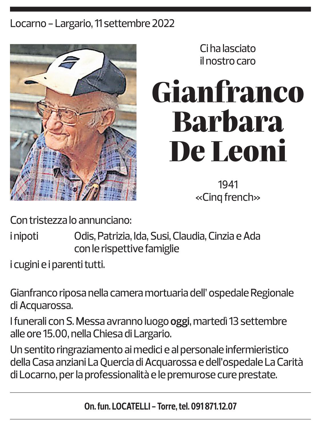 Annuncio funebre Gianfranco Barbara De Leoni