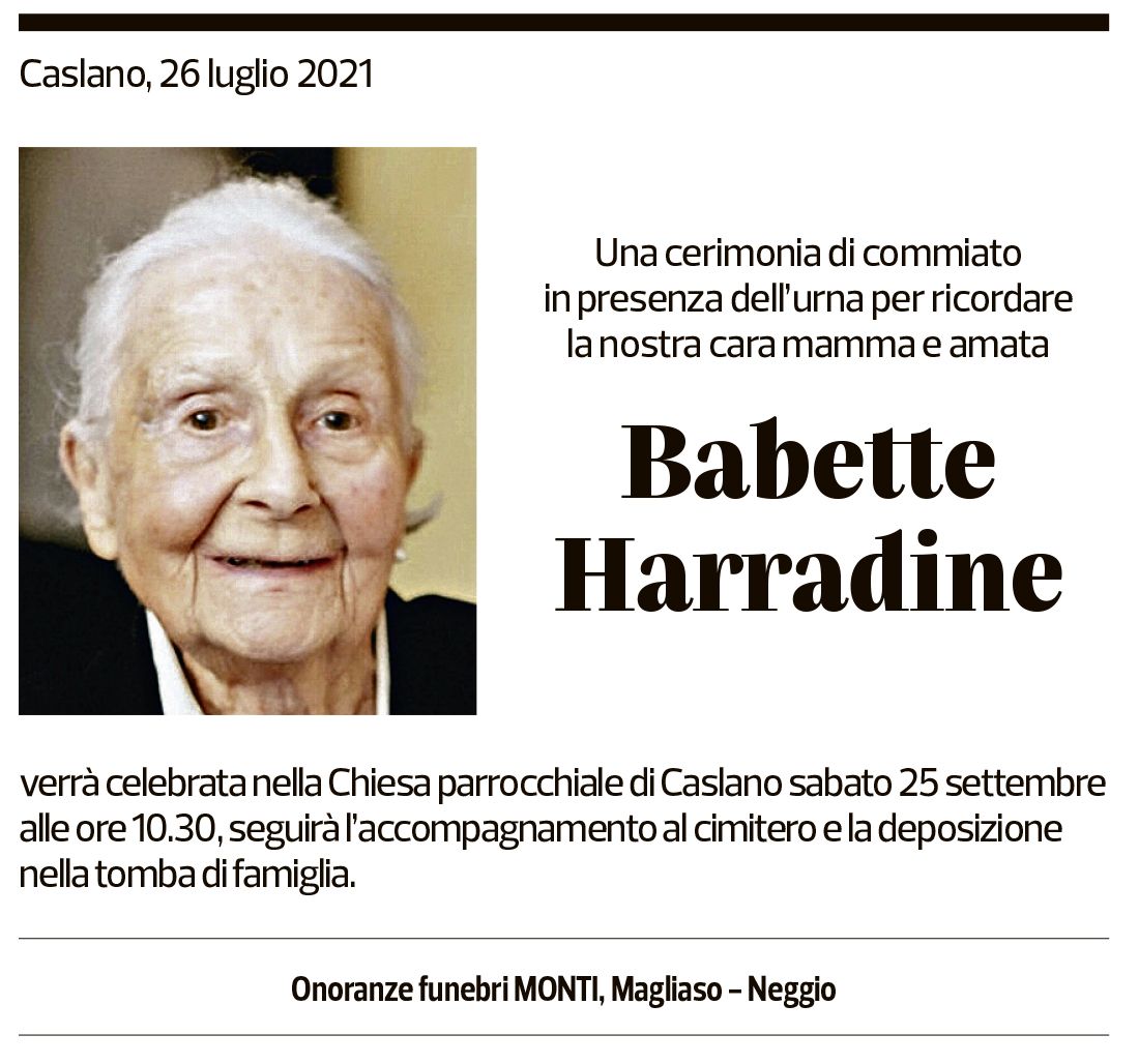 Annuncio funebre Babette Harradine