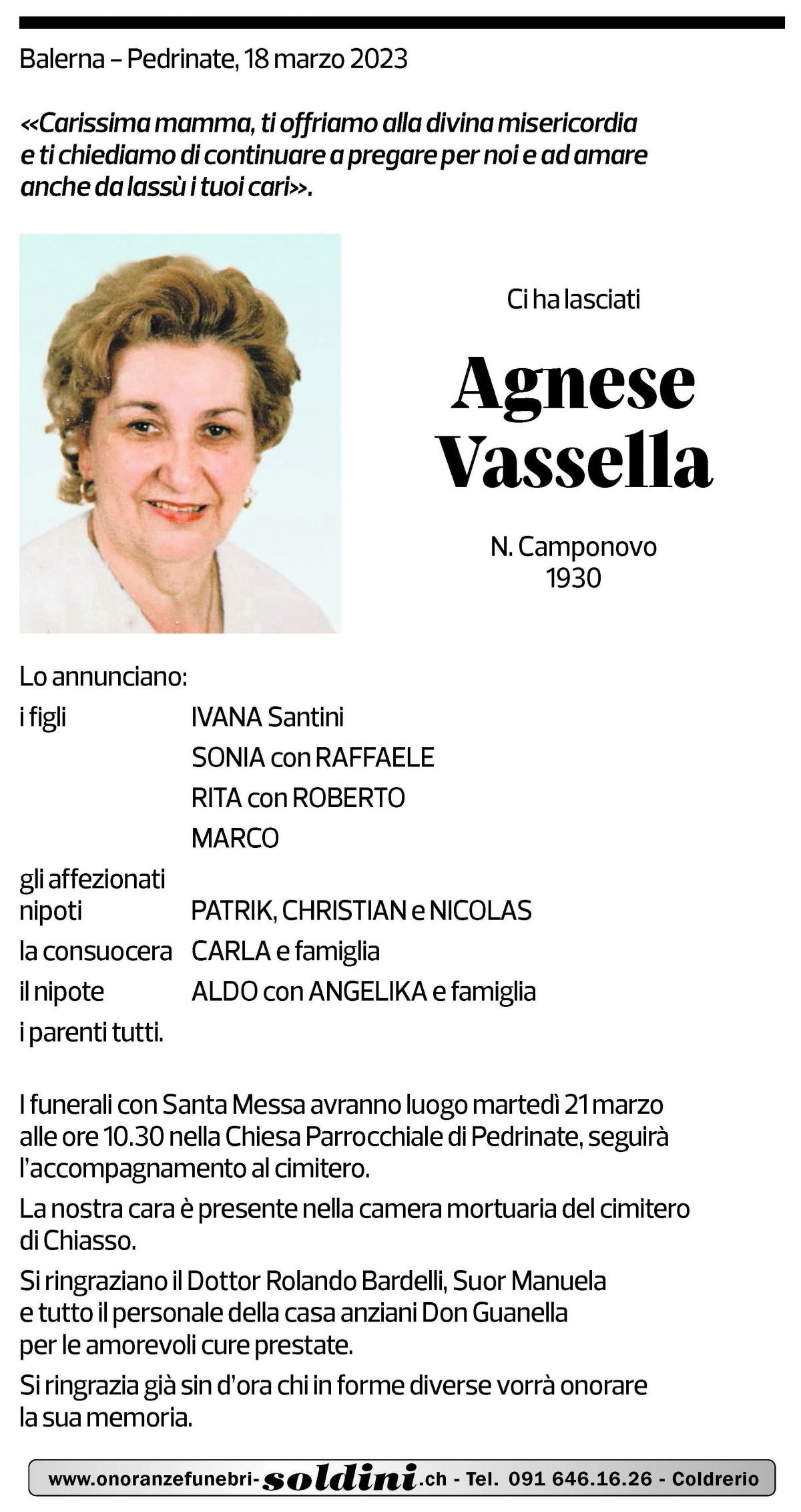 Annuncio funebre Agnese Vassella