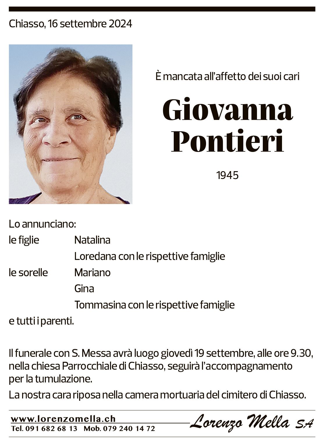 Annuncio funebre Giovanna Pontieri