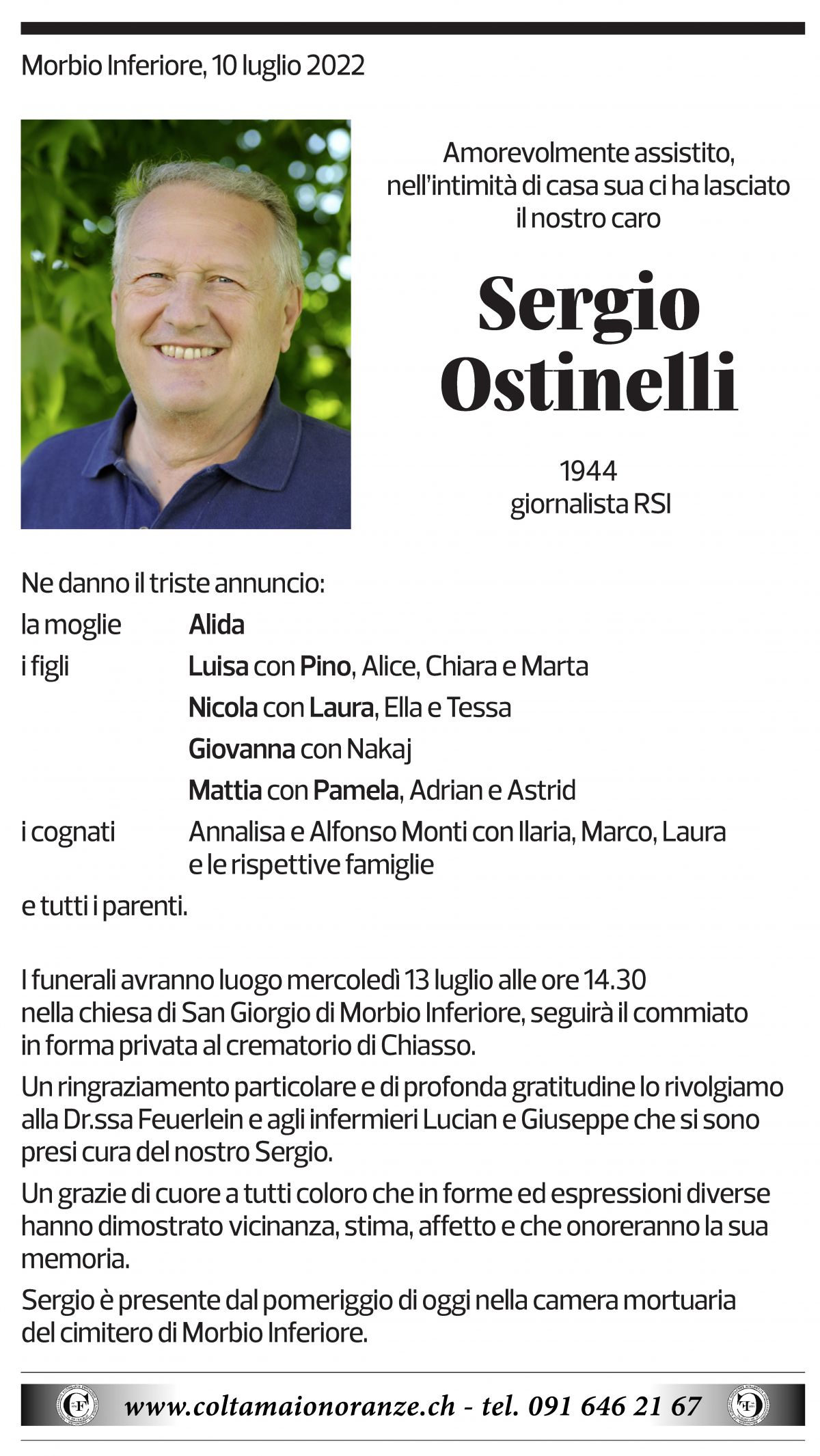 Annuncio funebre Sergio Ostinelli