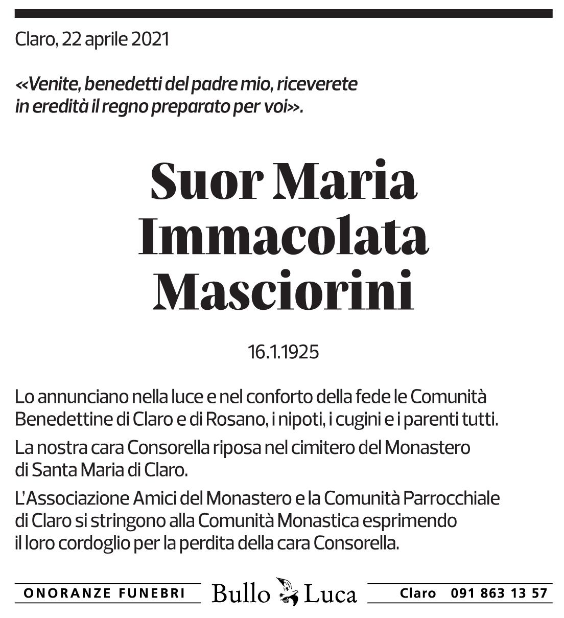 Annuncio funebre Suor Maria Immacolata Masciorini