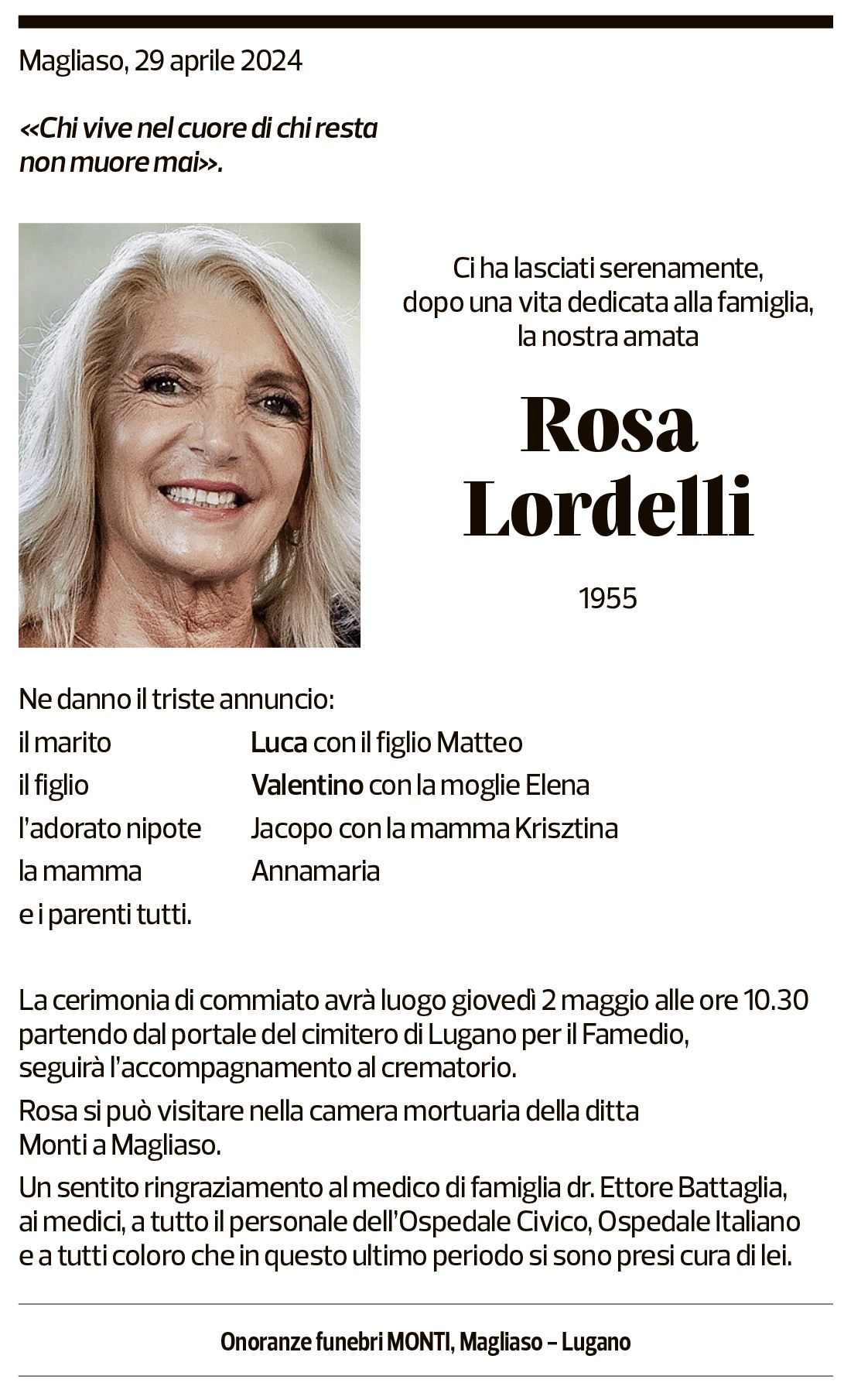 Annuncio funebre Rosa Lordelli