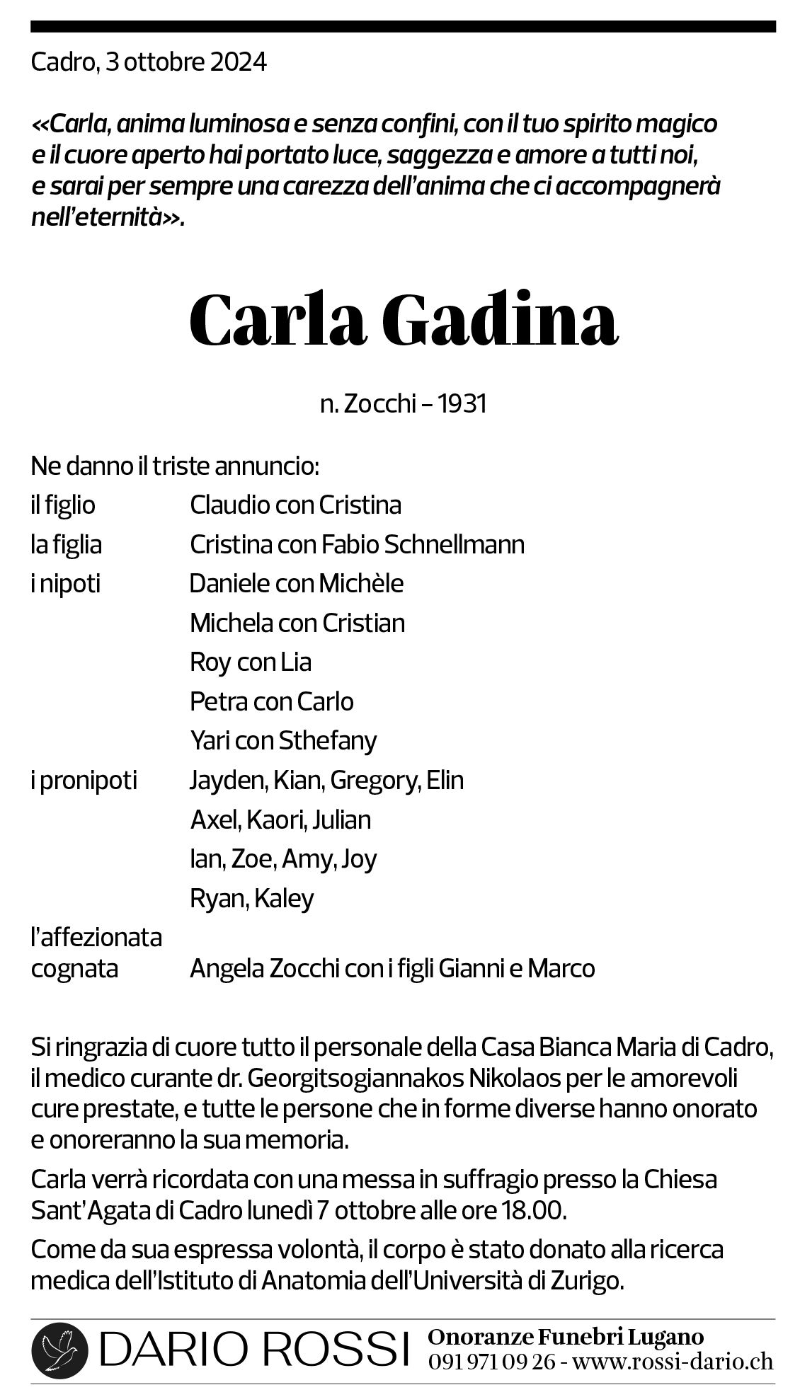 Annuncio funebre Carla Gadina