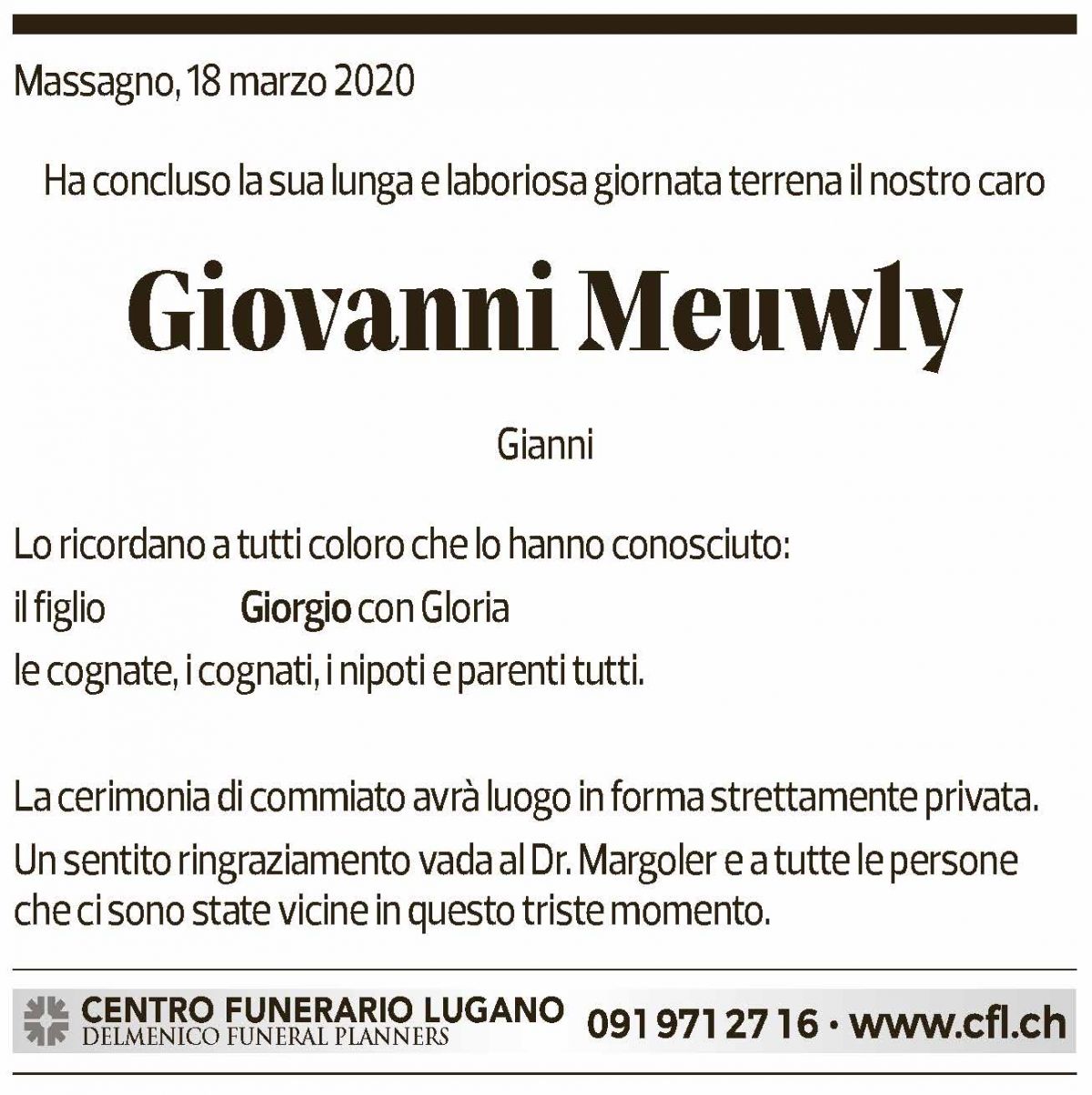 Annuncio funebre Giovanni Meuwly