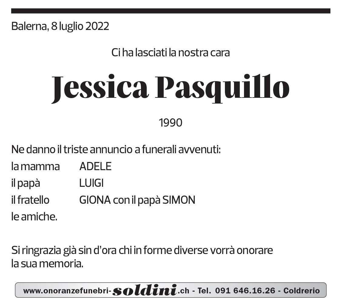 Annuncio funebre Jessica Pasquillo