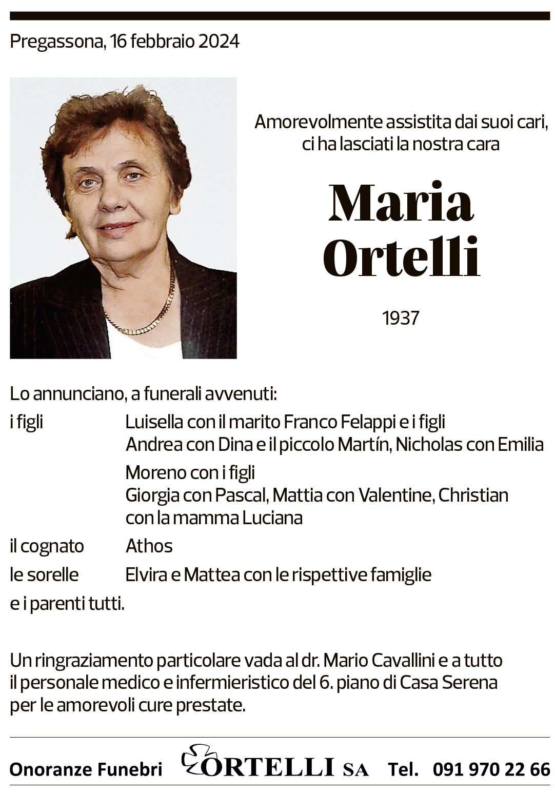 Annuncio funebre Maria Ortelli