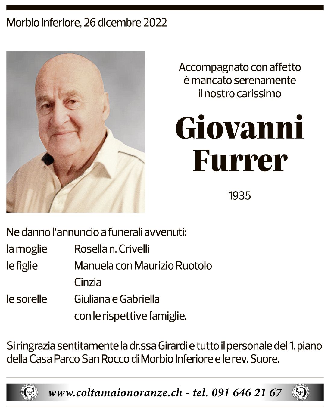 Annuncio funebre Giovanni Furrere