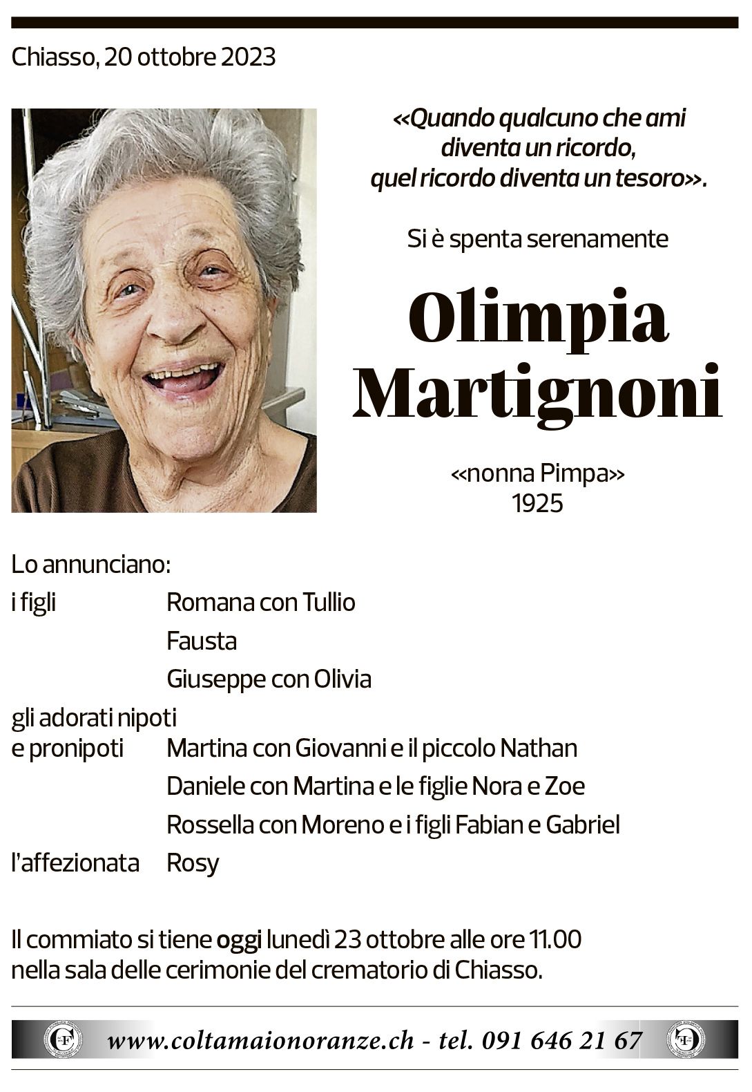 Annuncio funebre Olimpia Martignoni