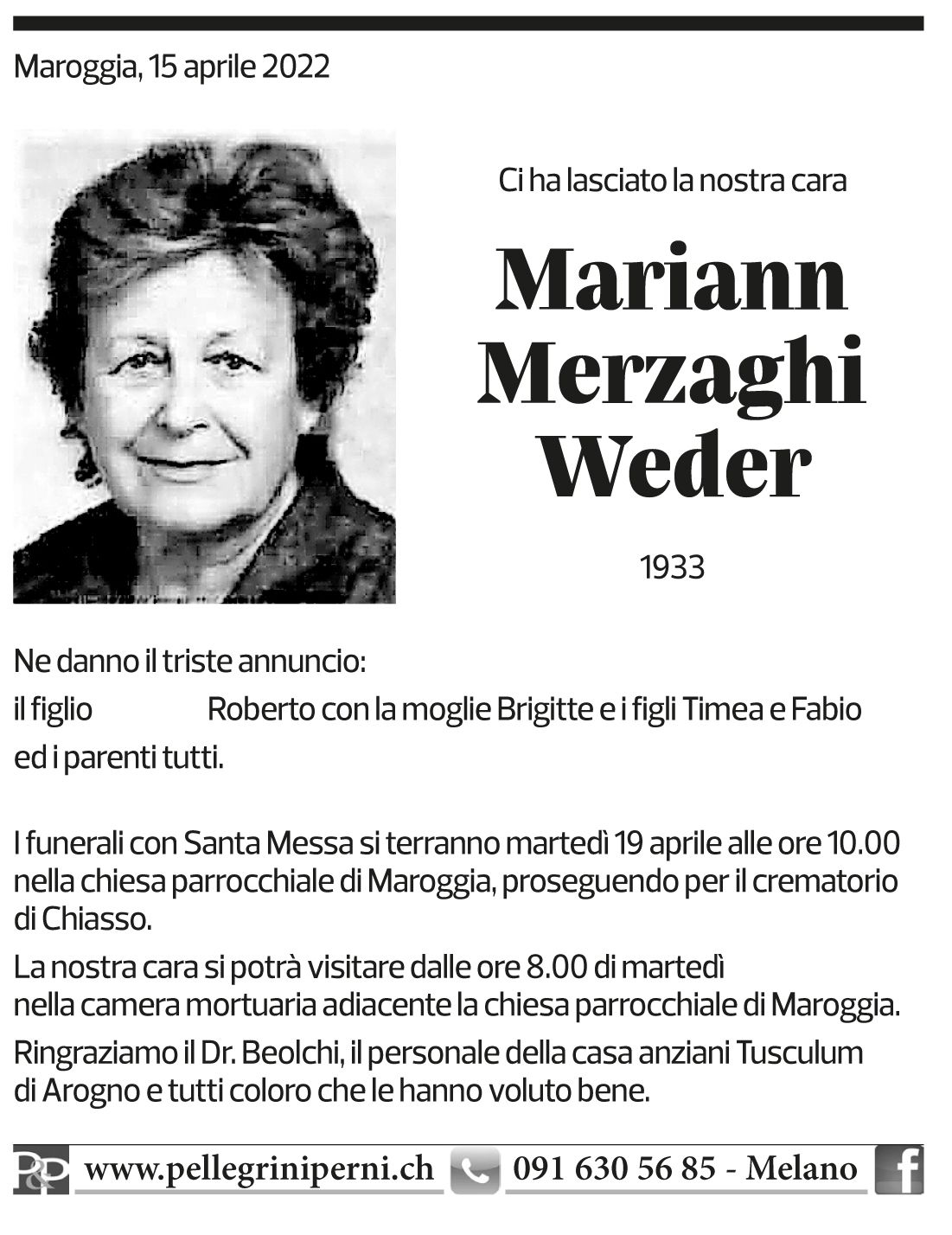 Annuncio funebre Mariann Merzaghi Weder