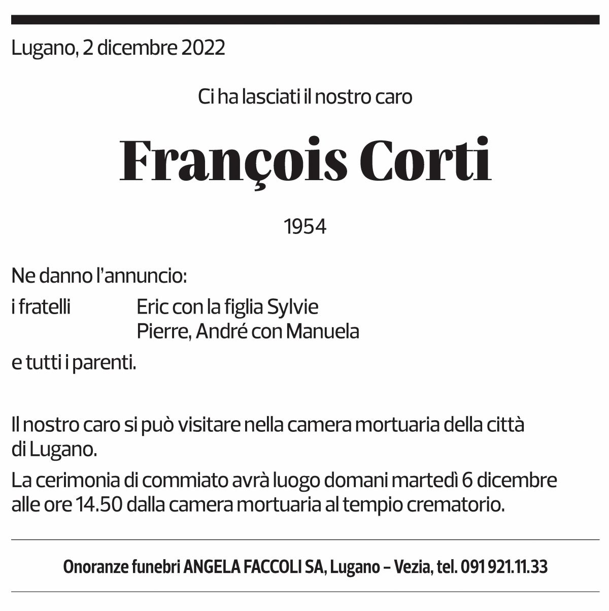 Annuncio funebre François Corti